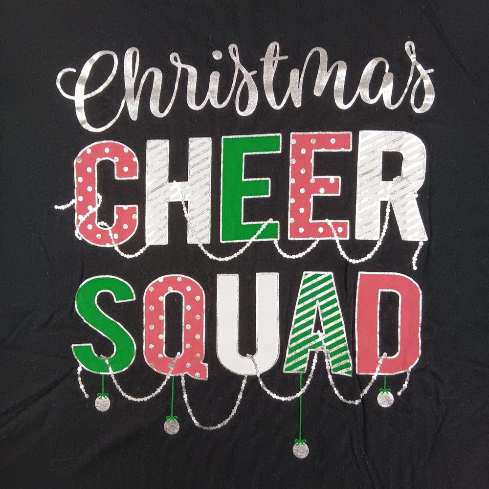 Holiday Time T-Shirt Women XL Black Christmas Cheer Squad Glitter‎ Graphic Tee